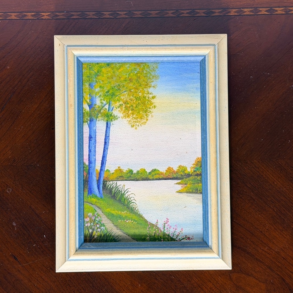 Vintage Pair Hand Painted Canvas Landscape Art Framed Lake River Scenes - Picture 11 of 13
